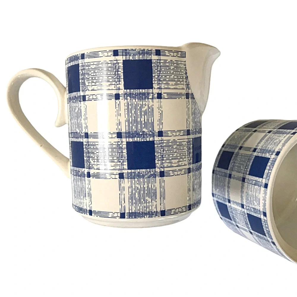 Vintage MCM Stoneware Cream & Sugar Set Japan Blue  Plaid